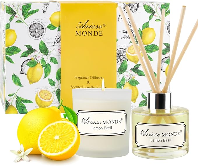 Reed Diffuser & Scented Candle Gift Set, Lemon Basil Oil Diffuser Sticks, Fragrance Diffuser & Soy Wax Candles in Glass Ja...