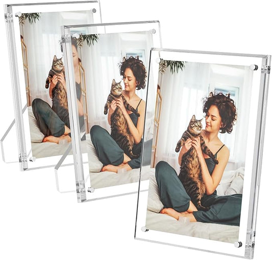 AITEE 5x7 Acrylic Picture Frames 3 Pack, Clear Picture Frames with Stand, Magnetic Frame Lucite Frameless Transparent Floa...