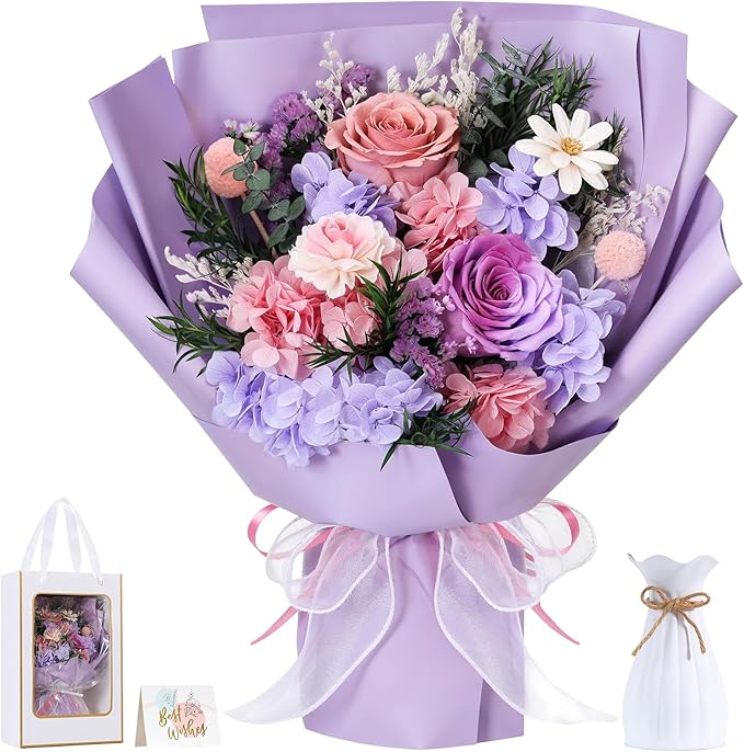 Lewondr Flower for Delivery, Preserved Flowers Bouquet, Purple Rose Bouquet, Real Long-Lasting Forever Birthday Flowers Gi...