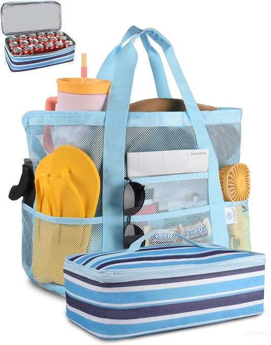Genteen Sandproof Mesh Beach Bag with Detachable Cooler, Waterproof Zipper Tote Bag for Women Swim Pool Vacation Travel