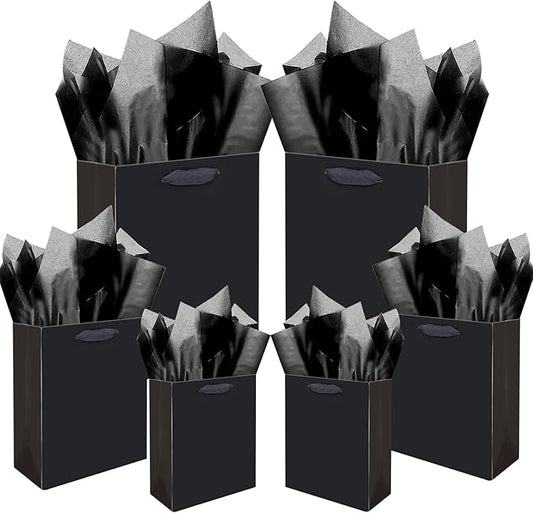 qiqee Black Gift Bags with Tissue Paper Mulit Assorted Sizes 24PCS Present Party Favor Birthday Bags(4pcs Large 13", 10pcs...
