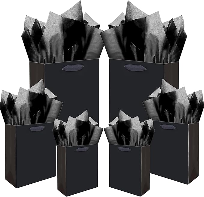 qiqee Black Gift Bags with Tissue Paper Mulit Assorted Sizes 24PCS Present Party Favor Birthday Bags(4pcs Large 13", 10pcs...