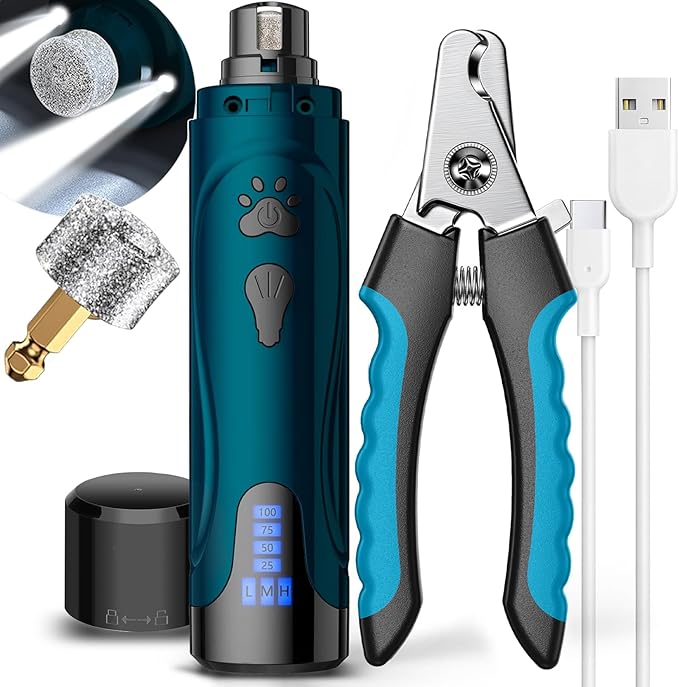 YABIFE Super Quiet Dog Nail Grinder & Clippers Kit with 2 LED Lights, 3 Speeds Up to 12,000 RPM, Lower Than 30dB Electric ...