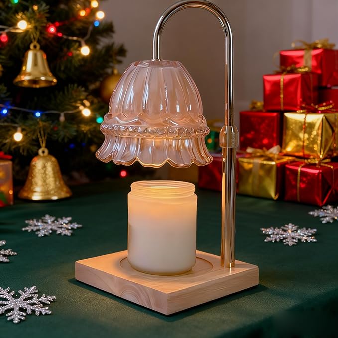 WARMCITY Glass Flower Lampshape Candle Warmer Lamp with Adjustable Height, Wax Burner Lamp with Timer and Dimmer, Wooden B...