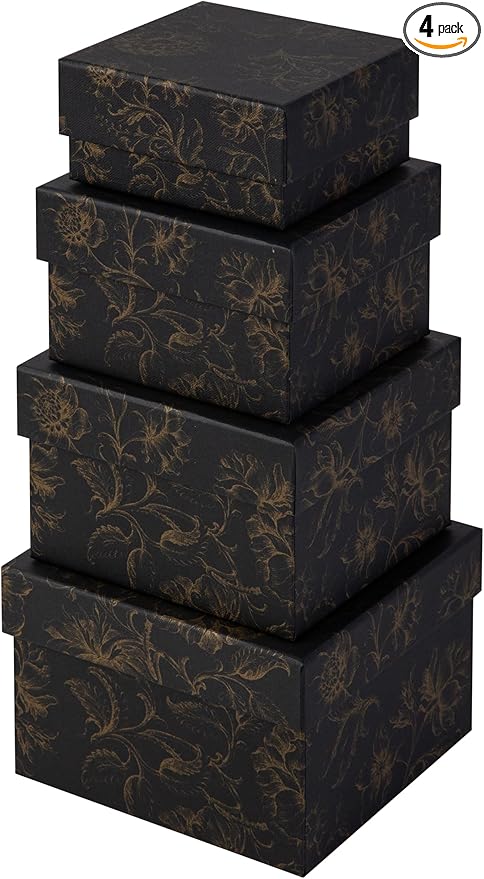Sorarto Square Gift Boxes with Lids 4pc Set | Black Gold Floral Nesting Gift Boxes for Presents Birthday Wedding Bridesmai...