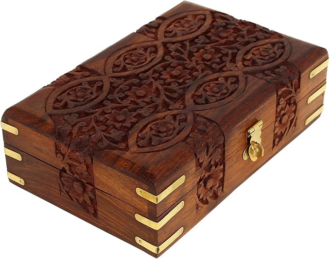 Ajuny Handcarved Treasure Chest Wooden Decorative Jewelry Storage Box Eye Floral Design Multipupose Small Memory Keepsake ...
