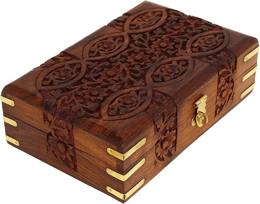 Ajuny Handcarved Treasure Chest Wooden Decorative Jewelry Storage Box Eye Floral Design Multipupose Small Memory Keepsake ...