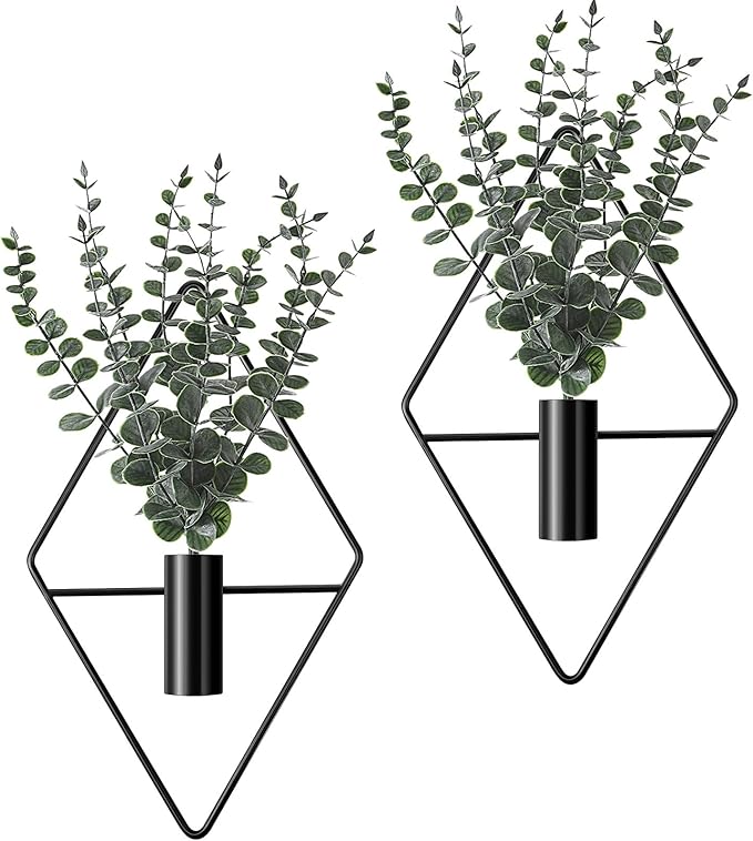 Jexine 4 Pcs Hanging Planters with Artificial Eucalyptus Metal Hanging Vase Indoor Plants Holder Modern Geometric Boho Bat...
