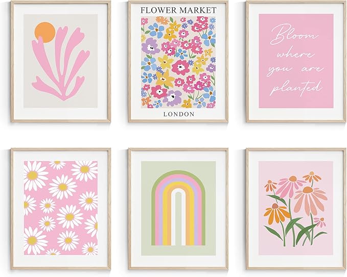 Habseligkeit Pink Danish Pastel Wall Decor for Girls Dorm, Boho Matisse Wall Art Prints, Flower Market Posters for Room De...