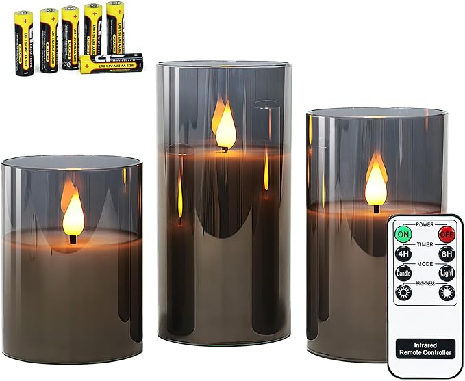 Rhytsing Gray Glass Battery Operated LED Candles with Remote, Flameless Candle Gift Set, Warm White Light - Include 6 Batt...