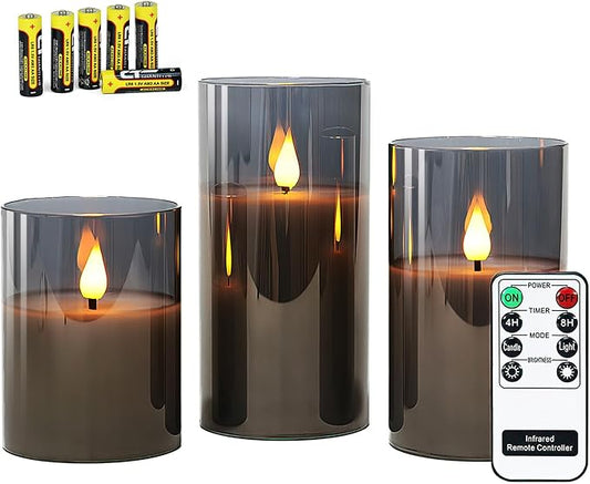 Rhytsing Gray Glass Battery Operated LED Candles with Remote, Flameless Candle Gift Set, Warm White Light - Include 6 Batt...