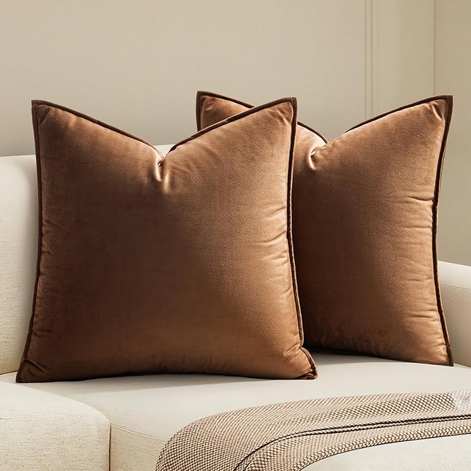 MIULEE Brown Velvet Throw Pillow Covers 18x18 Soft Decorative Solid Square Cushion Cases Pack of 2 Modern Luxury Home Deco...
