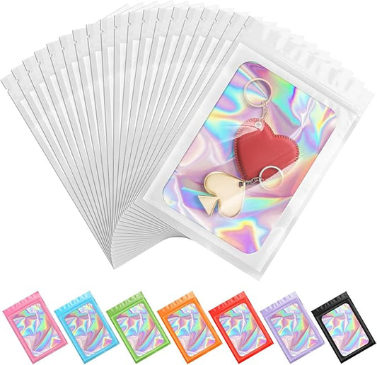 ANZNKU 100 Pack Holographic Bags, Smell Proof Packaging Bag, Clear Window Resealable Goodie Pouch Mylar Bags for Food Stor...
