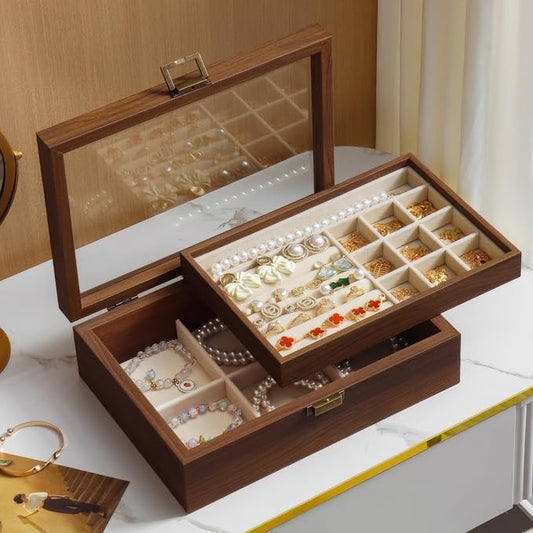 QINGTUHOME 2-Layer Glass Lid Walnut Jewelry Box for Women, Vintage Style Solid Wood Jewelry Organizer and Display Case, Id...