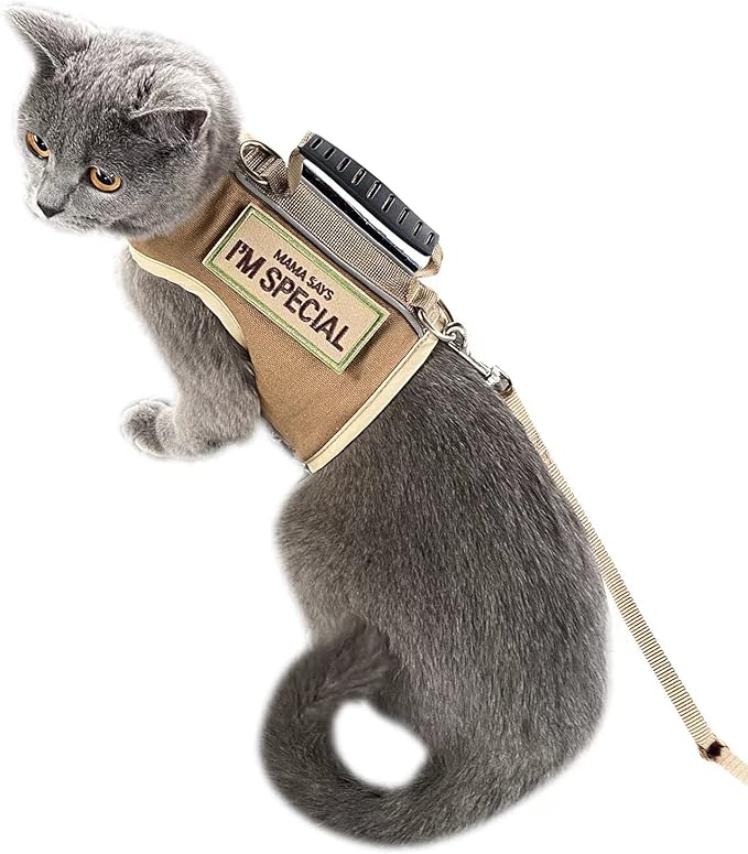 Tactical Cat Harness and Leash for Walking Escape Proof, Adjustable Cat Walking Jackets, Padded Stylish Cat Vest, Khaki, L...