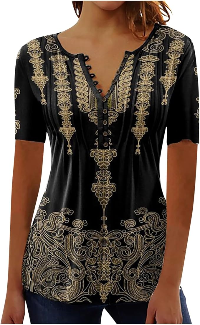 SMIDOW Summer Tops for Women 2026 Trendy Boho Floral Print Tunic Shirts Short Sleeve Button v Neck Tshirt Casual Loose Blouse