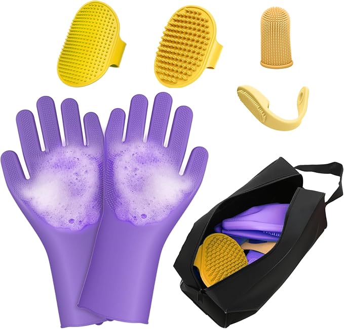 MIYIJHY 7PCS Dog Bath Brush | Pet Grooming Gloves | Storage Bag | Soothing Massage Rubber Comb with Adjustable Ring Handle...