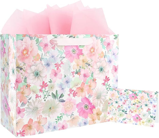 ASYEH NR 13" Large Size Floral Gift Bag Floral Flower Pattern Vintage Gift Bag with Greeting Card Tissue Paper for Girls W...