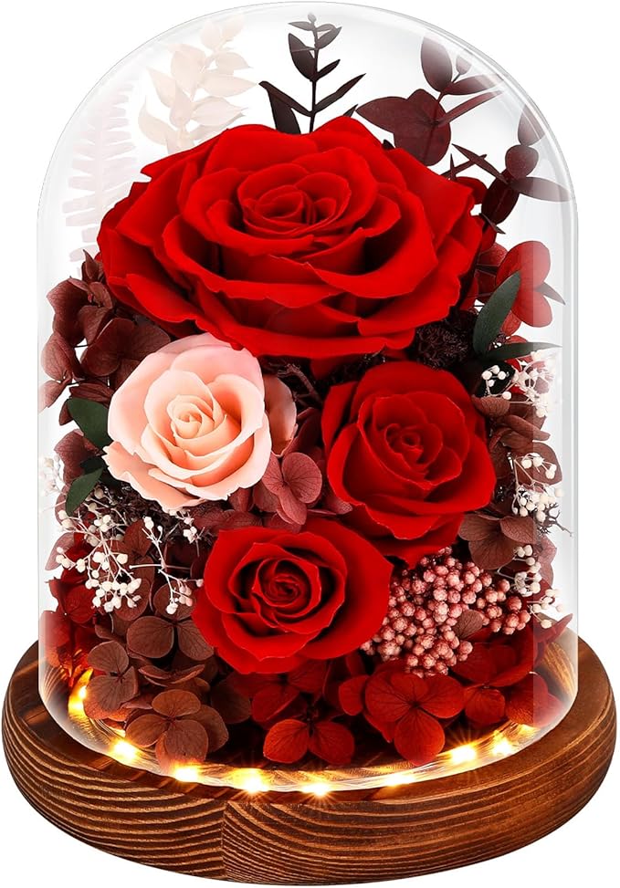 Alupssuc Forever Preserved Real Flowers for Delivery Prime, Eternal Fresh Roses in Glass Dome with LED Lights, Mothers Day...