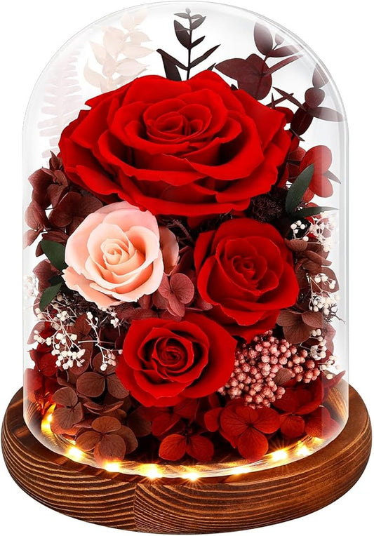 Alupssuc Forever Preserved Real Flowers for Delivery Prime, Eternal Fresh Roses in Glass Dome with LED Lights, Mothers Day...