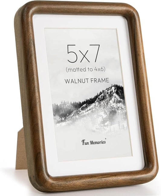 Fun Memories 5x7 Picture Frame, Solid Walnut Wood Frame with Real Glass, Hard Wood 5 by 7 Photo Frame for Wall & Tabletop ...
