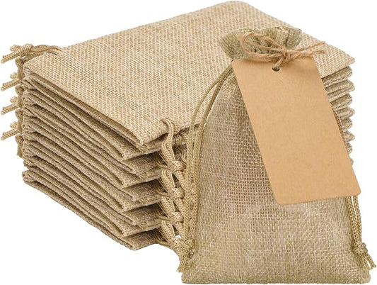 G2PLUS 24 Pcs Burlap Gift Bags with Drawstring 4x6 Inch, Rustic Gift Favor Bags with Kraft Tags & Jute String for Wedding ...