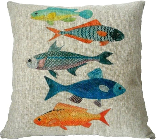 decorbox Cotton Linen Square Decorative Fashion Throw Pillow Case Cushion Cover Colorful Fish (20 X 20, Beige)