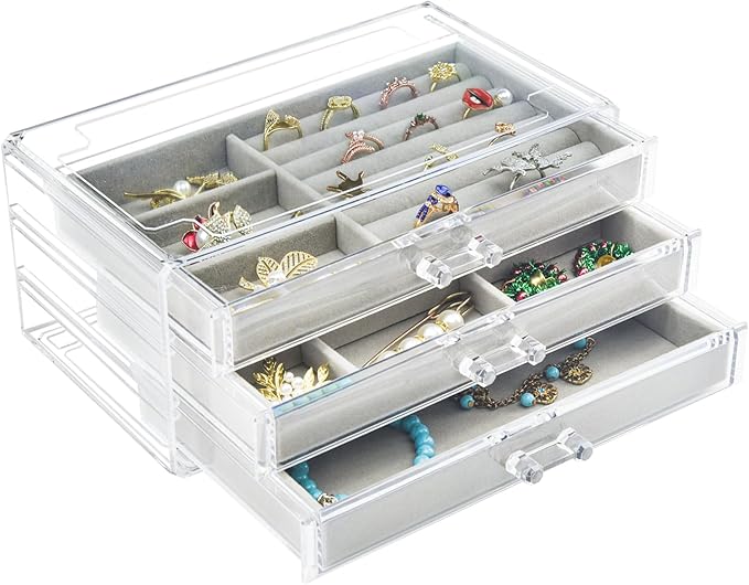 Weiai Acrylic Jewelry Box 3 Drawers, Velvet Jewellery Organizer, Earring Rings Necklaces Bracelets Display Case Gift for W...