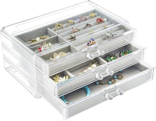 Weiai Acrylic Jewelry Box 3 Drawers, Velvet Jewellery Organizer, Earring Rings Necklaces Bracelets Display Case Gift for W...