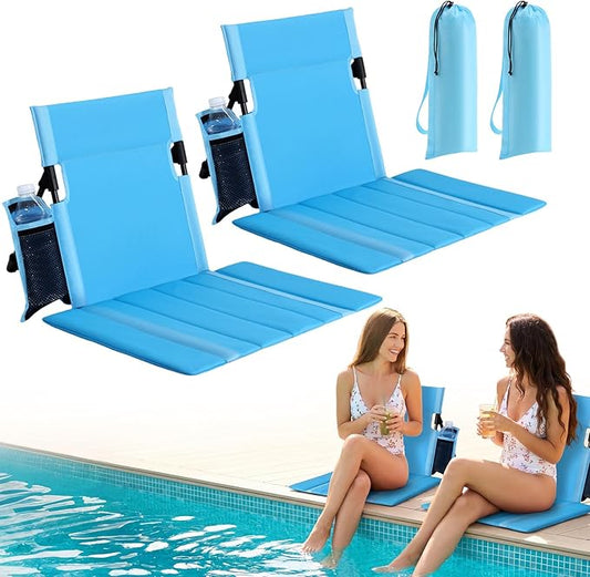2 Pack Portable Poolside Chairs, Foldable Legless Beach Chairs for Adults with Cup Pocket, Lightweight Ground Seat Small B...