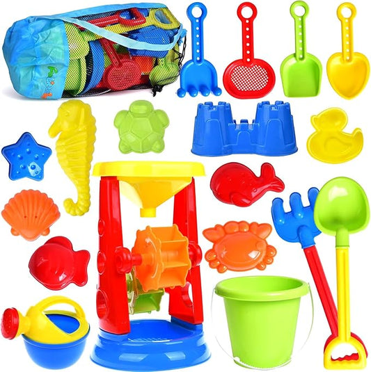 Beach Toys, 19 Piece Sand Toys Set Kids Sandbox Toys Includes Water Wheel Beach Tool Kit Bucket Watering Can Molds with Me...