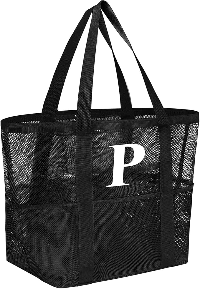 wanchel Personalized Mesh Beach Bag for Women - Waterproof Initial Tote Bag for Family Travel, Toys, Vacation Essentials