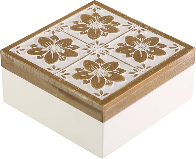 Synovana Floral Wooden Box - Decorative Wood Keepsake Boxes with Hinged Lid, Flower Engraved Design, 7.09" W