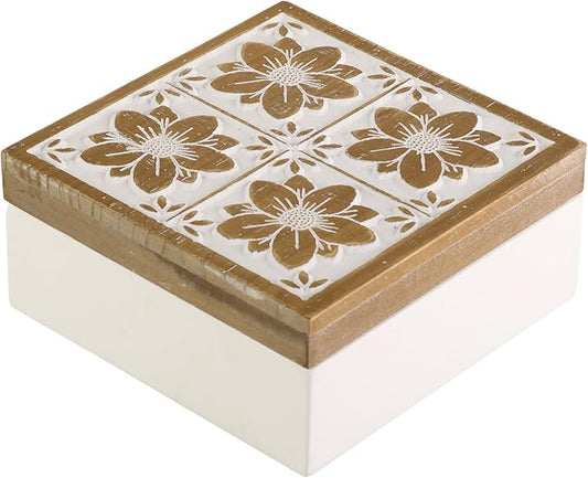 Synovana Floral Wooden Box - Decorative Wood Keepsake Boxes with Hinged Lid, Flower Engraved Design, 7.09" W