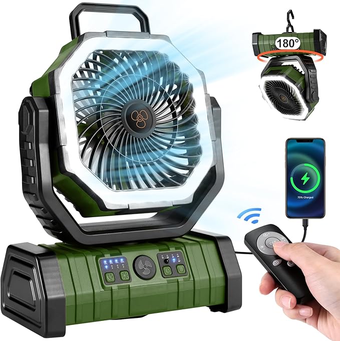 Odoland 30000mAh Camping Fan with LED Lantern, Rechargeable Battery Operated Oscillating Fan with Remote & Hook, Portable ...