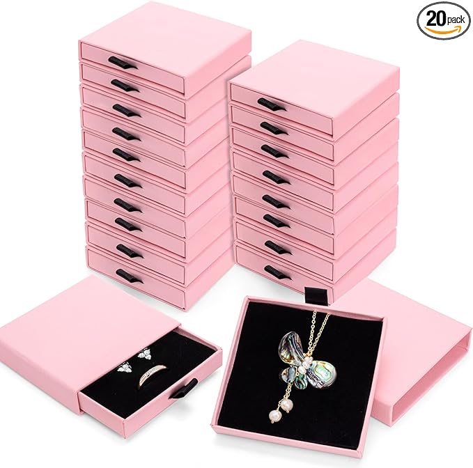 WRINGKIT 20 Pack Pink Jewelry Gift Boxes, Cardboard Jewelry Packaging Boxes with Lid and Black Sponge Lining, Small Empty ...