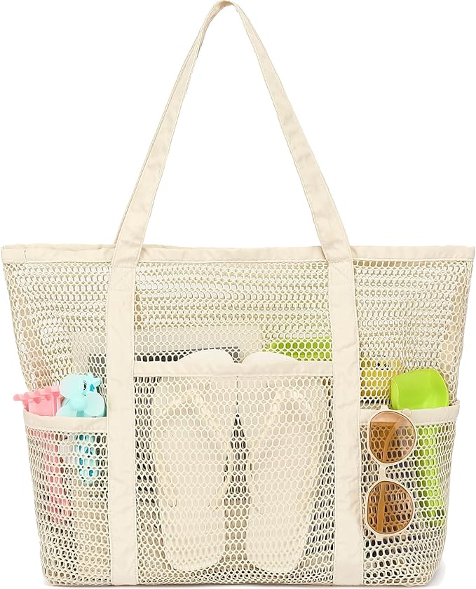 Fammart Mesh Beach Bag for Women, Casual Hobo Bags Large Beach Tote for Pool Travel Cruise Vacation Essentials