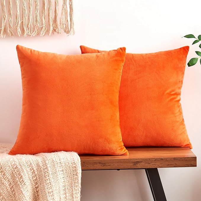 GriNeed Fall Orange Throw Pillow Covers Decorative Velvet Set of 2 18x18 Inch Pillow Covers, Soft Burnt Orange Pillowcases...