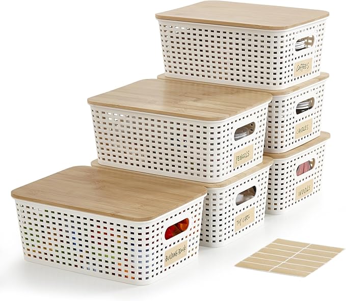 Bagnizer Small Plastic Storage Bins with Bamboo Lids 5.2qt Stackable Box Basket Pantry Decorative Containers Cute with Lab...