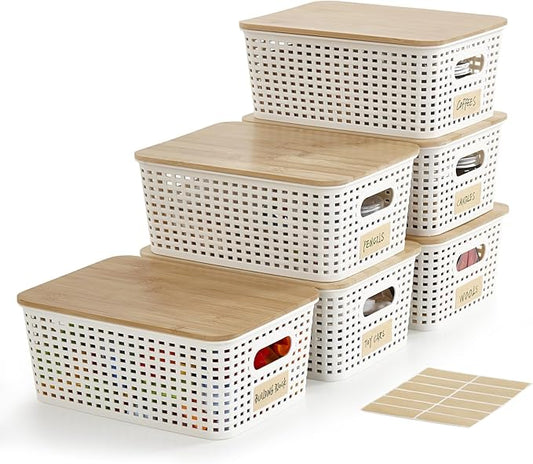 Bagnizer Small Plastic Storage Bins with Bamboo Lids 5.2qt Stackable Box Basket Pantry Decorative Containers Cute with Lab...