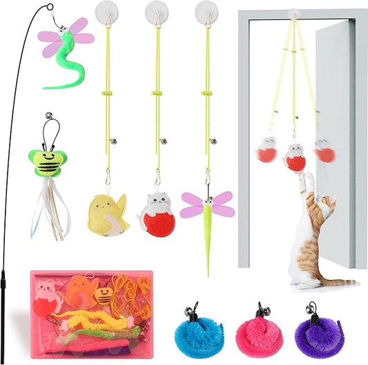 Janbenty Interactive Cat Toys, 8 Assorted Teaser Refills, 3 Indoor Cat Hanging Toy and 1 Interactive Wand Suitable for Ind...