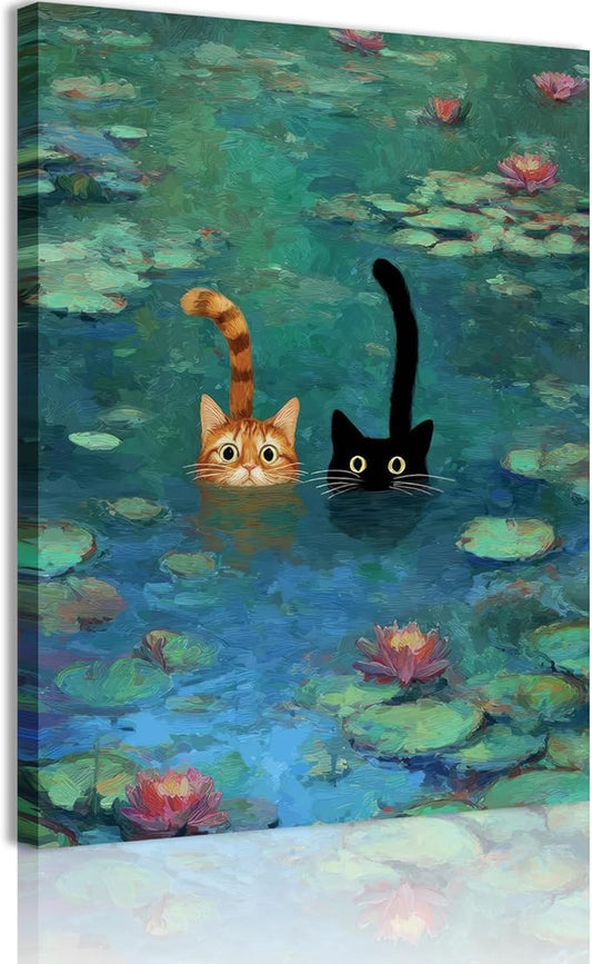 Funny Cat Canvas Wall Art Impressionist Water Lily Painting Picture Wall Decor Modern Cute Animal Lover Poster Print Artwo...