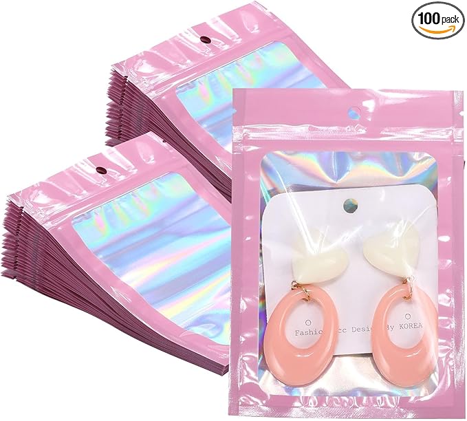 100Pcs 3x4.7 Inch Pink Holographic Bags | Resealable Mylar Pouches for Packaging, Jewelry Storage, Gummies, Cookies & Part...