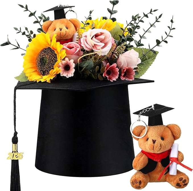 Hoteam Black Graduation Flower Bouquet Grad Centerpiece Graduation Cap Flower Boxes Mini Plush Bear with Grad Hat Floral A...
