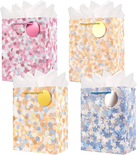 9Inch Gift Bags With Handles Tissue Paper and Gift Tag, 4 Pack Colorful Medium Gift Bags Bulk for Girl,Women's Birthday,Va...