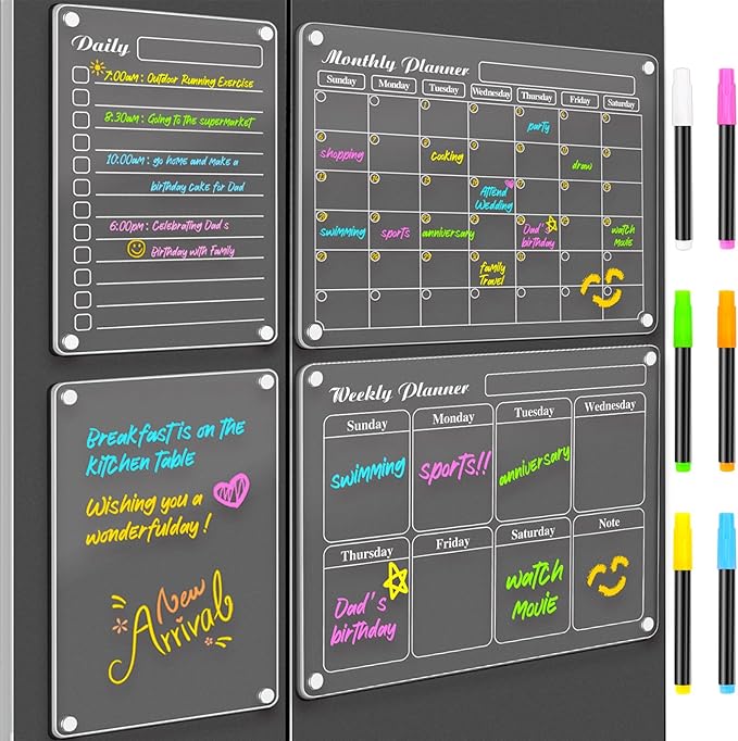 DIYMAG Magnetic Calendar for Refrigerator 4 PCS Dry Erase Whiteboard 15.2"x11.2" Magnet Fridge White Board Planning Acryli...