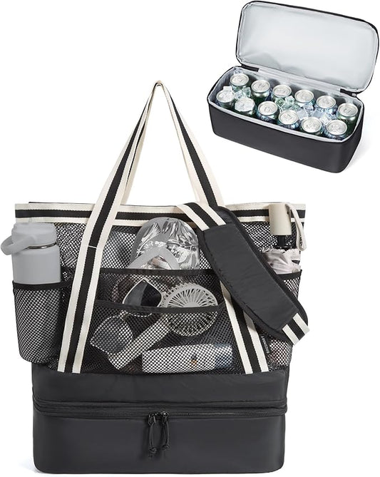 BAGSMART Beach Bag for Women, Mesh Tote Bags with Zipper, Sandproof Vacation Essentials with Cooler for Swim Cruise Pool