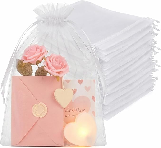 Crweety 50PCS White Organza Bags 8x12 Large, Bulk Mesh Bags Drawstring Gift Bag for Wedding Mother's Day Favors Treats Goo...
