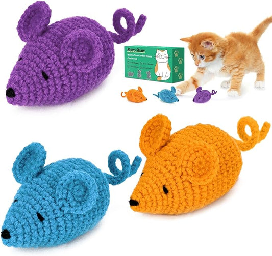 Retro Shaw Catnip Toys Crochet Mice Cat Toys, 3 Pcs Durable Yarn Cat Mouse Toys for Indoor Cats, Stuffed with Natural Catn...