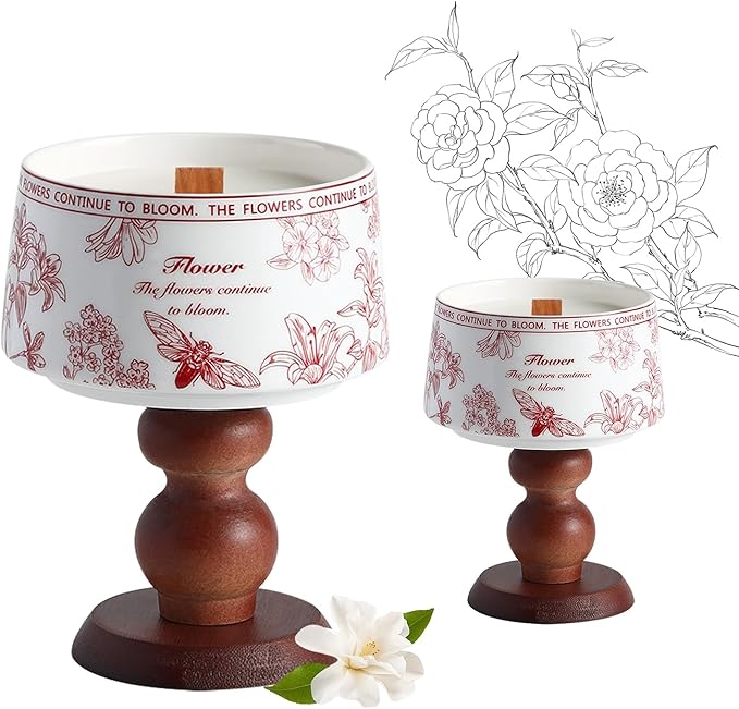 Handmade Soy Scented Candle Set of 2 -Vintage Ceramic Jar with Natural Wood Base, Fresh Camellia Fragrance, Aromatherapy C...